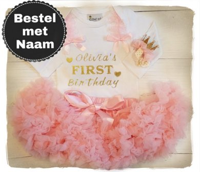 Verjaardag set Eigennaam first Birthday longsleeve + kroon