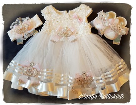 Baby Jurk Newborn kroon ivoor roze Sparkles 5 delig.