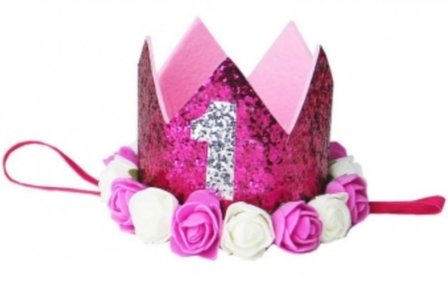Verjaardag Glitter Kroon Haarband Hotpink Wit roosjes nr 1