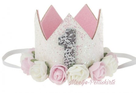 Verjaardag Wit Glitter Kroon Haarband roze en witte roosjes nr 1. 