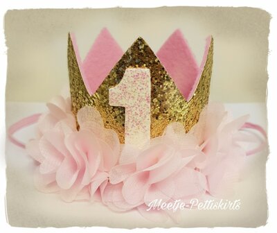 Verjaardag Goud Glitter Kroon Haarband chiffon bloem nr 1. 