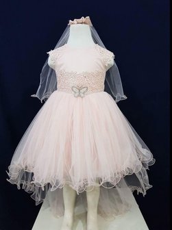 Bruiloft jurk meisje roze sparkel vlinder + sluier 98-128