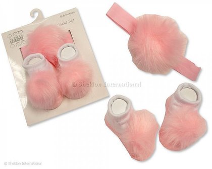 Babysokjes + haarband Pom Pom roze 0-6 maanden