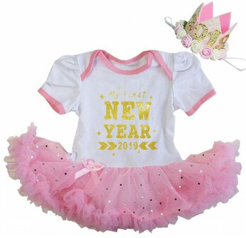  baby jurkje Happy new year 2019  ROZE WIT GLITTER  + KROON