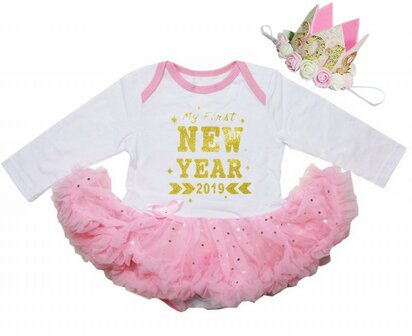  baby jurkje Happy new year 2019 LONGSLEEVE ROZE WIT GLITTER  + KROON