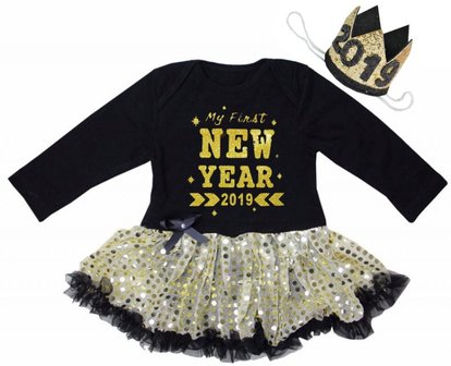  baby jurkje Happy new year 2019 longsleeve zwart goud glitter &amp; Kroon
