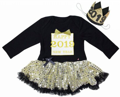  baby jurkje Happy new year 2019 gift longsleeve zwart goud glitter &amp; Kroon