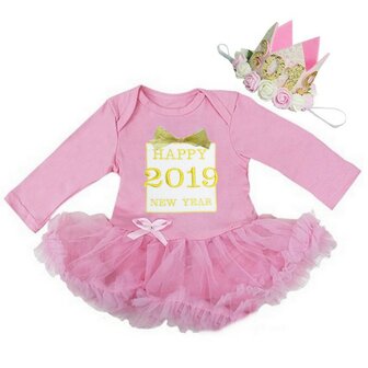  baby jurkje Happy new year 2019 gift longsleeve roze &amp; Kroon