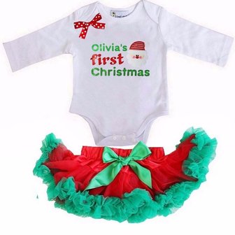 1e baby kerst Petticoat set Rood Groen Kerstman 