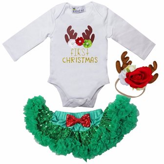 1e baby kerst Petticoat set Groen Rood rendier