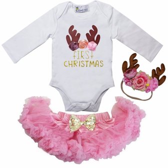 1e baby kerst Petticoat set roze rendier