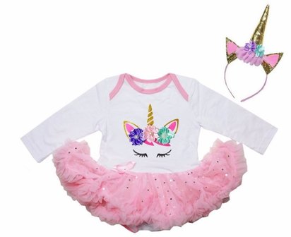 Unicorn baby jurk roze wit met Diadeem 