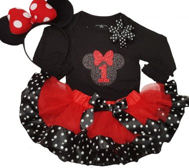 Minnie Mouse tutu verjaardag set rood zwart lange mouw 3delig