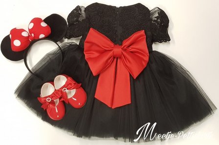  Feestjurk zwart  met rode strik Minnie Mouse Style Luxe  Handmade maat 56 tm 176 