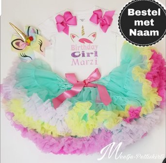 Unicorn outfit Birthday Girl mint rainbow De luxe 3 delig met Naam Korte of Lange Mouw  