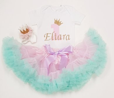  verjaardag set 1 jaar Petticoat roze mint &amp; gouden glitter cijfer 3delig 