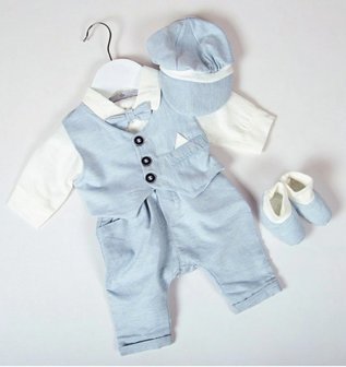 Baby kostuum katoen Licht Blauw met schoentjes en Pet 