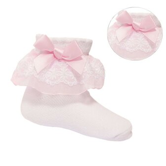 Baby sokjes Strikje Organza Baby roze wit 0-18 maanden NEW