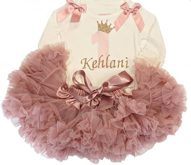  verjaardag set 1 jaar Petticoat Dusty Pink &amp; metallic Old Pink cijfer Met Naam Mogelijk 