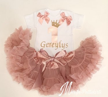  verjaardag set 1 jaar Petticoat Dusty Pink &amp; metallic Old Pink cijfer Korte Mouw 