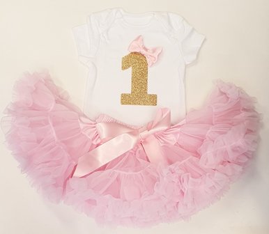  verjaardag set 1 jaar Petticoat lichtroze met gouden glitter cijfer 