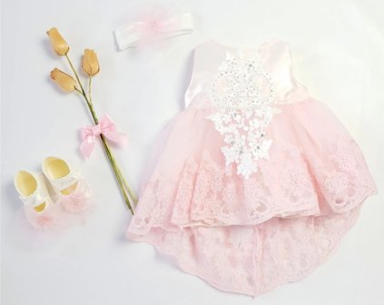 Baby feestjurk lace flower roze sleepje 3delig New