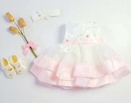 Baby feestjurk Pearl chrystal flower ivoor roze 3delig New