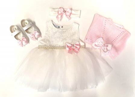 babyjurkje compleet 4 delig Off white en licht roze 