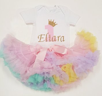  verjaardag set 1 jaar Petticoat pastel rainbow &amp; gouden glitter cijfer