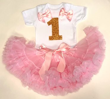  verjaardag set 1 jaar Petticoat roze &amp; gouden glitter cijfer