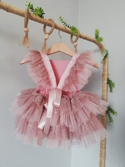 Kanten romper overal met ruffles oud roze Luxe Handgemaakt 50 -98 Fotoshoot tip