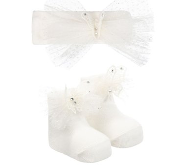 Baby haarband ivoor met Bijpassende luxe sokjes vlinder 