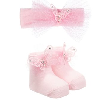 Baby haarband roze met Bijpassende luxe sokjes vlinder 