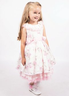 Broderie jurk roze wit Bloemen Kids 86 - 134