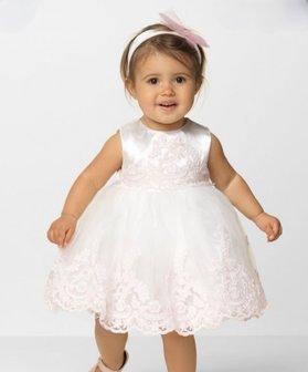 Baby jurk ivoor roze barok kant + bijpassende haarband