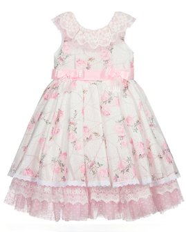 Broderie jurk roze wit Bloemen Kids 86 - 134