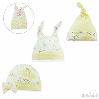 Baby mutsjes geel lemon lente bloem complete set 3 stuks totaal 