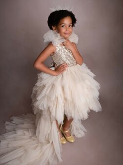 Gala feestjurk champagne met afneembare sleep ultra luxe + diadeem 104-170 NEW