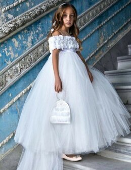 Lange feestjurk wit jurk off schoulder Ultra luxe met sleep  110-164