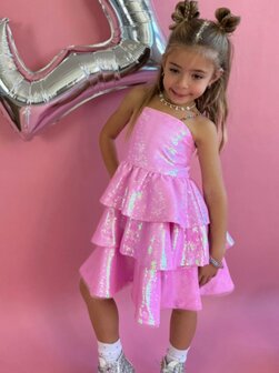 Roze glitter jurk met kralen 