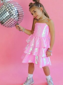 Roze glitter jurk met kralen 