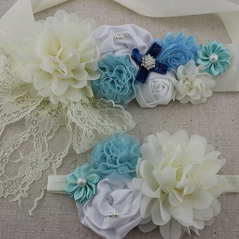  Handgemaakte Luxe Rose Garden Vintage Colorful Ivory White Blue Ceintuur + bijpassende haarband