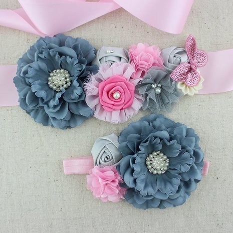   Handgemaakte Luxe Rose Garden Vintage Colorful Gray Pink Ceintuur + bijpassende haarband