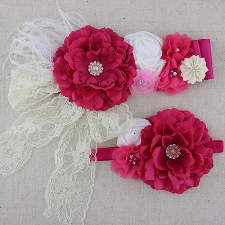 Handgemaakte Luxe Rose Garden Vintage Bigflower Hotpink Ceintuur + bijpassende haarband