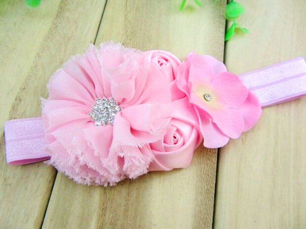 Beauty Diamond Chiffon Flowers With Double mini rose Pink