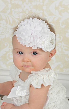 Baby Haarbandje Luxe flower Pearl wit 