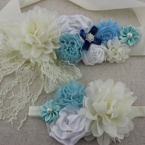 Handgemaakte Luxe Rose Garden Vintage Colorful Ivory White Blue Ceintuur + bijpassende haarband