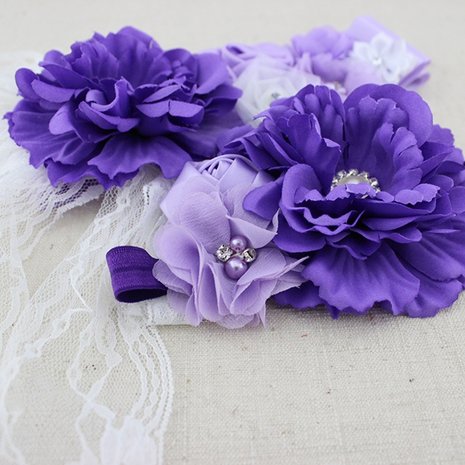 Handgemaakte Luxe Rose Garden Vintage Bigflower Purple Lavendel Ceintuur + bijpassende haarband