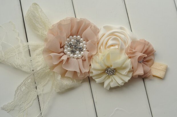 Beauty Grote Luxe haarband Beige Chiffon Beaded Flower 