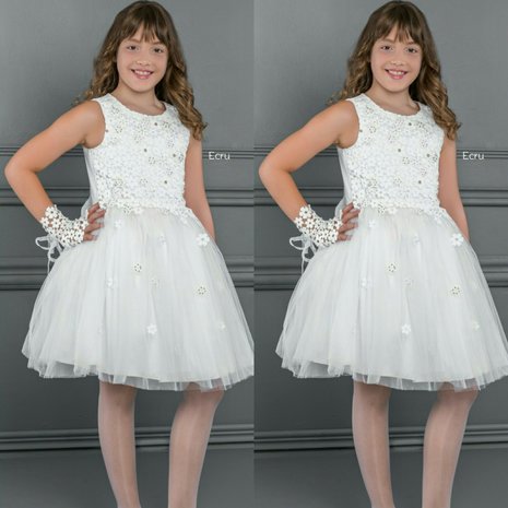 Feestjurk Luxe 8 layers tule & handschoen Ivoor Creme 8 tot 12 jaar 